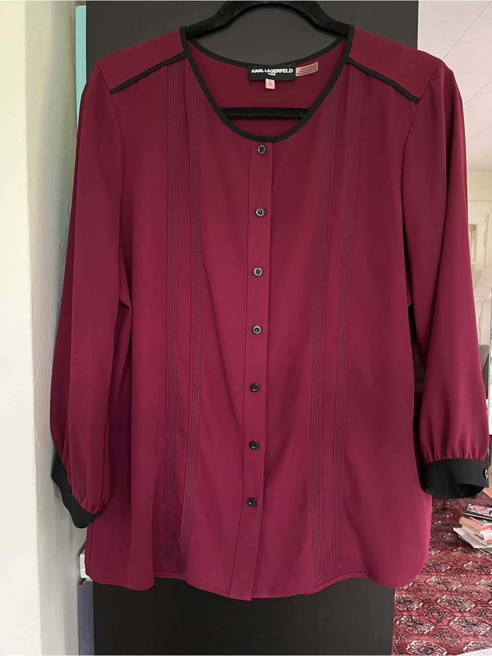 Karl Lagerfeld Burgundy Button-Front Blouse with Black Trim